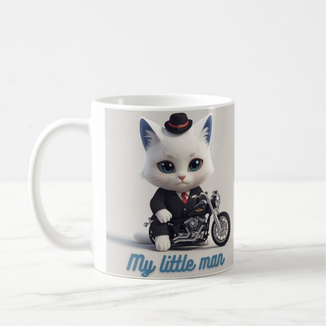 Min lilla mans mugg - Söt Kawaii katt på motorcyke (Vänster)