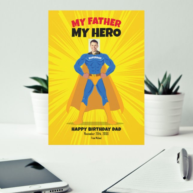 Min Pappa My Hero Bright Gult Tecknad Stänk Birthd Kort (Skapare uppladdad)