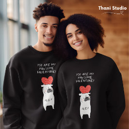 Min Pawsome Valentine Cute Pug & Red Heart Black Lång Ärmad Tröja