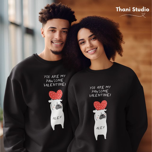 Min Pawsome Valentine Cute Pug & Red Heart Black Lång Ärmad Tröja (Skapare uppladdad)