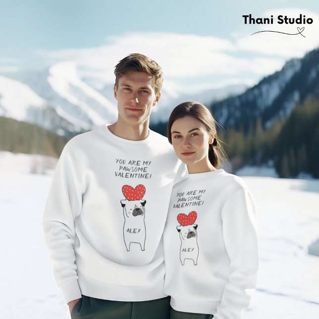 Min Pawsome Valentine Cute Pug & Red Heart White Lång Ärmad Tröja (Skapare uppladdad)