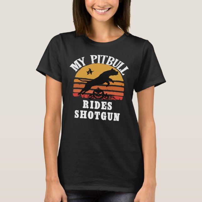 Min Pitbull Rides Pistol Funny Halloween Pitbull L T Shirt (Framsida)
