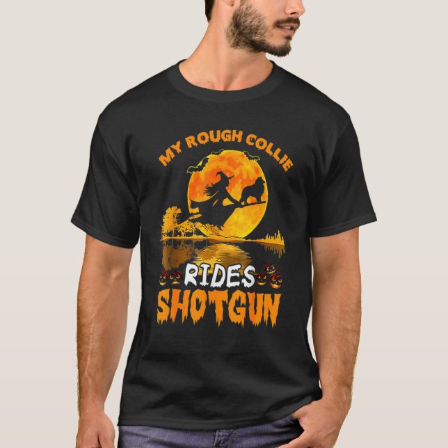 Min råa Collie Hund Rides Pistol Witch Halloween T Shirt (Framsida)