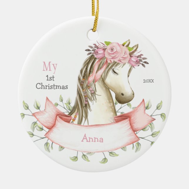 Min Rosa i första jul Boho Pony Namn Julgransprydnad Keramik (Framsidan)