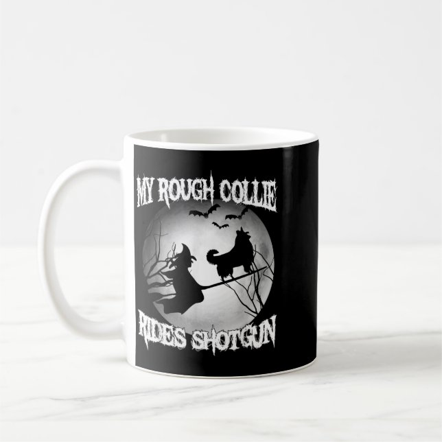 Min Rough Collie Rides Shot Halloween Kaffemugg (Vänster)
