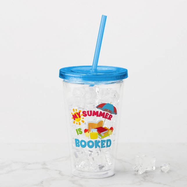 Min sommar är bokad som akrylisk tubblare take away mugg (Baksida Ice)