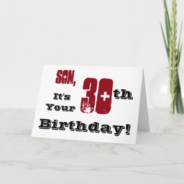 Min son är 30års födelsedag hälsning i svart, rött kort (Framsida)