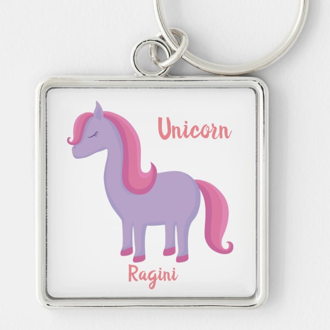 Min Söt Little Unicorn Namn Keychain | Ragini Fyrkantig Silverfärgad Nyckelring (Framsidan)