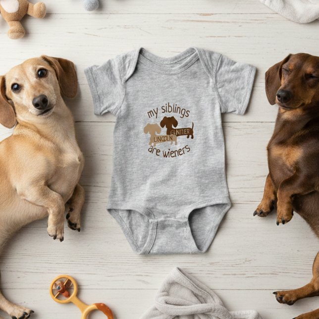 Min Syskon är Wiener ADD Dachshund NAMN Baby T Shirt (Personalized my siblings are wieners dachshund baby outfit for newborn - baby shower gift)