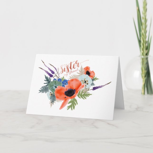Min syster min Friend Watercolor Flowers Kort (Framsida)