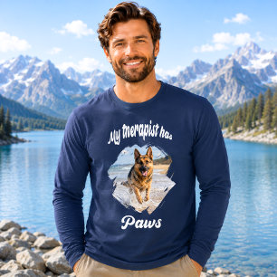Min terapeut har tassar hund foto marinblå t shirt