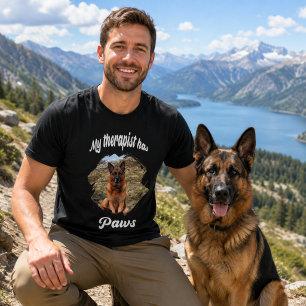 Min terapeut har tassar hund foto svart t shirt