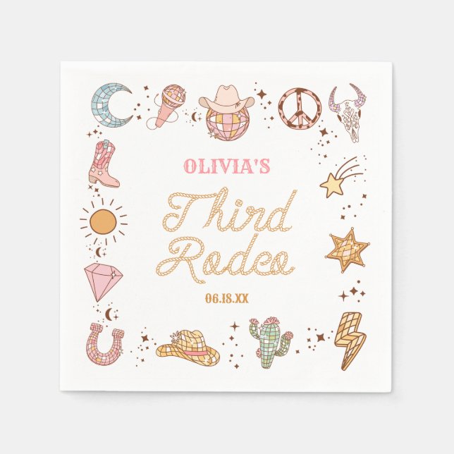 Min tredje Rodeo Disco Cowgirl 3:e födelsedagen Pa Pappersservett (Framsidan)