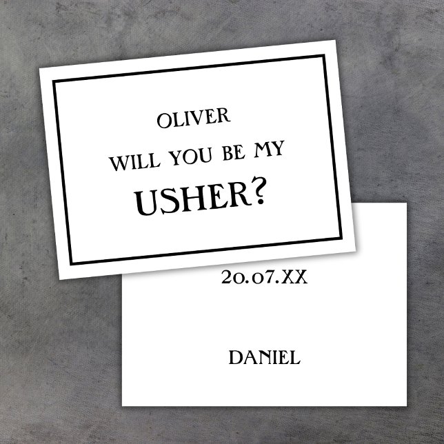 Min vaktmästare Frieri svart. Inbjudningar (will you be my usher proposal card minimalist black and white)