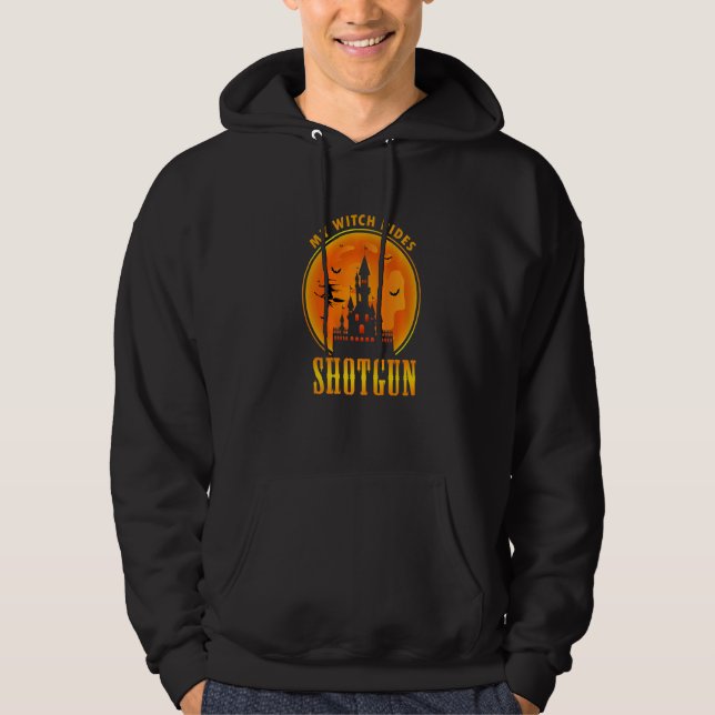 Min Witch Rides Pistol Happy halloween Hoodie (Framsida)