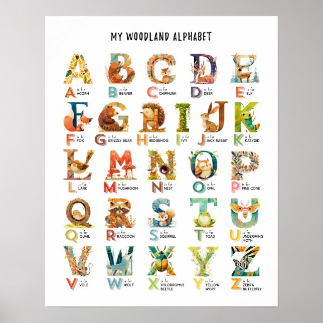 Min Woodland Animal Alphabet Education Poster (Framsidan)