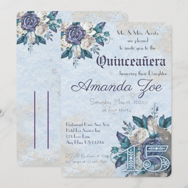 Mina Quince Dusty Blue Blommig inbjudan (Fram/baksida)