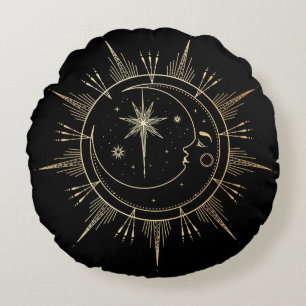 Mina Sol och Måne Celestial Faux Guld Black Rund Kudde
