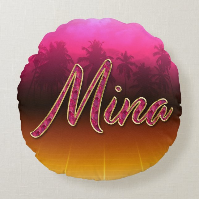 Mina Vorname Name golden pink Kissen Rund Kudde (Framsidan)
