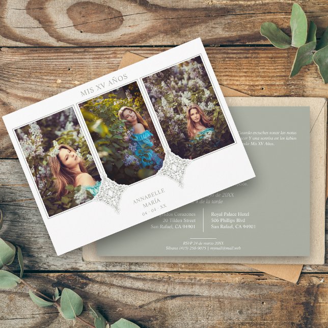 Mina XV-år, spanska 3 foton Sage Snöre, effekt Inbjudningar (Skapare uppladdad)