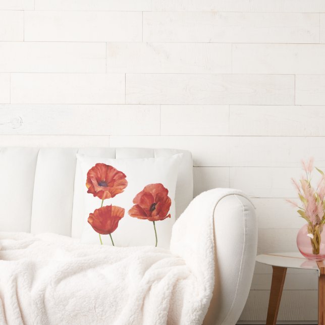 Minalistisk rödvallmoblommor botaniska vattenfärge kudde (Soffa)