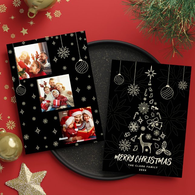 Minamalist Black Julgran 3 Photo Collage Julkort (Minamalist Black Christmas Tree 3 Photo Collage Holiday Card)
