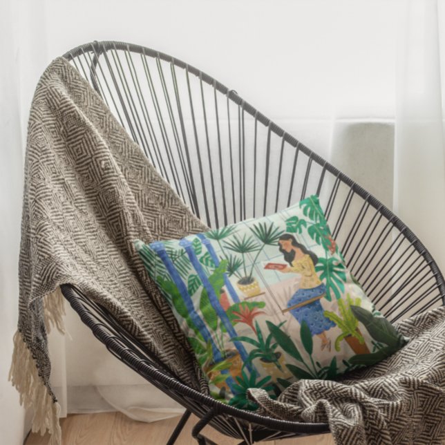 Mindful blå växthus växter flicka läser  kudde (Skapare uppladdad)