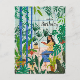 Mindful blå växthus växter flicka läser vykort