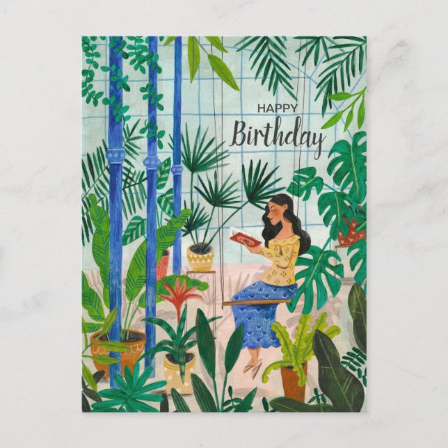 Mindful blå växthus växter flicka läser vykort (Framsida)