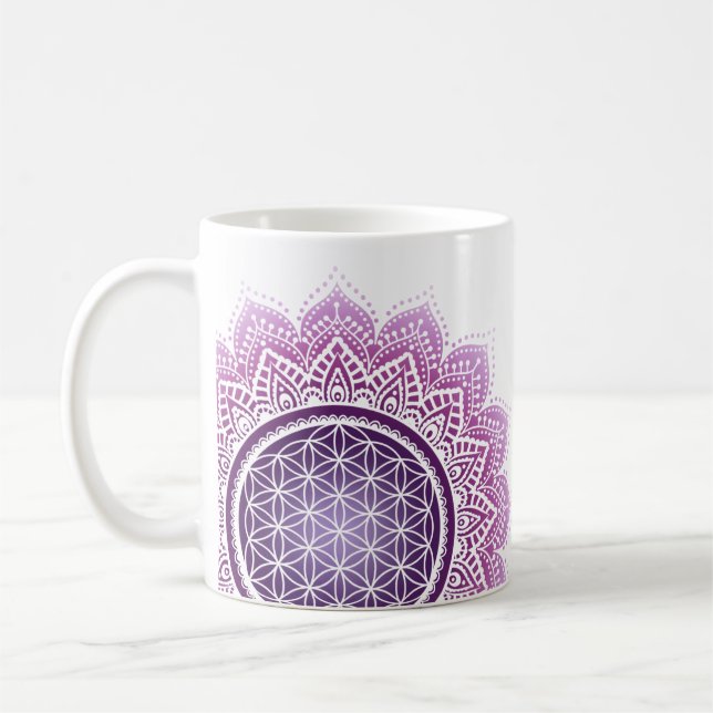 Mindfull mandala Livets blomma lila Kaffemugg (Vänster)