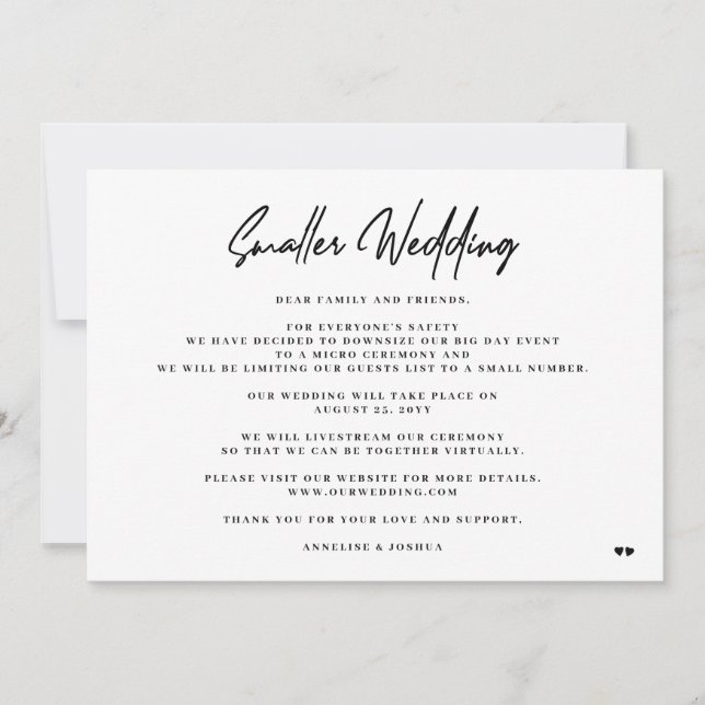 Mindre bröllop elegant minimal nedskalad ceremoni meddelande (Framsida)