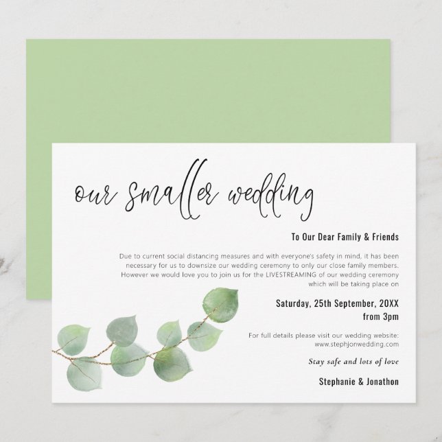 Mindre Bröllop Nerkörning Manus Elegant Eukalyptus Meddelande (Fram/baksida)