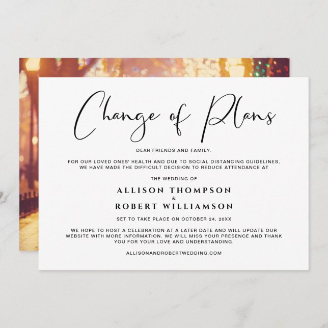 Mindre Nerkörd Bröllopsförändring av Planer Foto Meddelande (Fram/baksida)