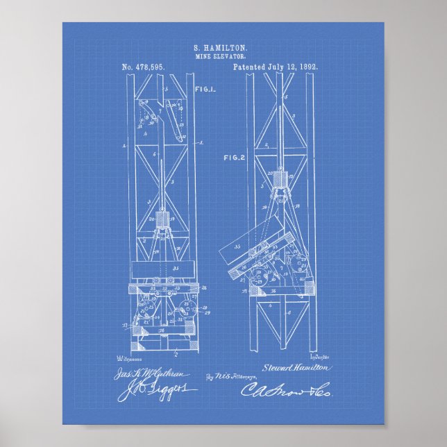 Mine Elevator 1892 Patent Art Blueprint Poster (Framsidan)