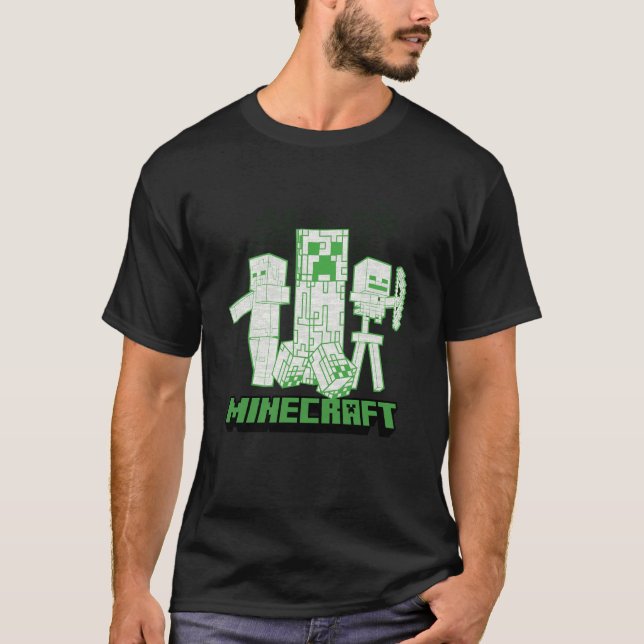 Minecraft Creeper Zombie Skeleton Line Art Mashup T Shirt (Framsida)