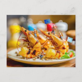 Mineralarbetare som bereder grillade räkor helg vykort