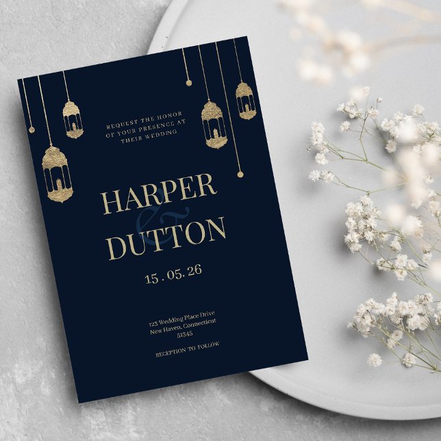 Mineralistisk marin blå guld lantern ljus bröllop inbjudningar (Minimalist navy blue gold lantern lights wedding invitation)