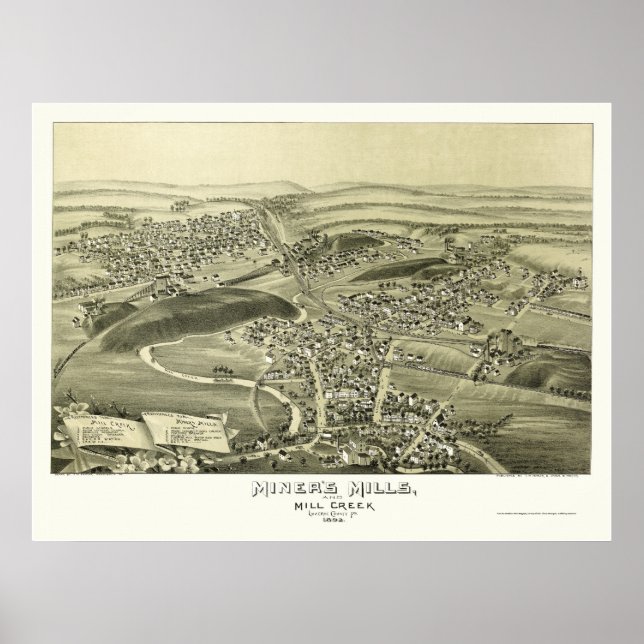 Miners Mills, PA Panoramic Karta - 1892 Poster (Framsidan)