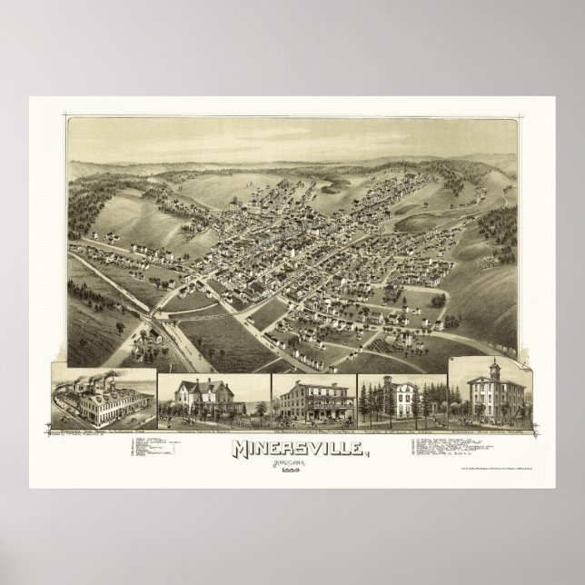 Minersville, PA Panoramic Karta - 1889 Poster (Framsidan)
