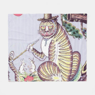 Minhwa Tiger med kaniner och pipa Fleecefilt