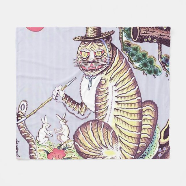 Minhwa Tiger med kaniner och pipa Fleecefilt (Framsidan (Horisontell))