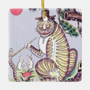 Minhwa Tiger med kaniner och pipa Julgransprydnad Keramik