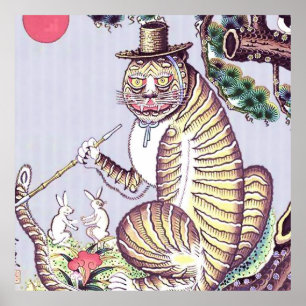 Minhwa Tiger med kaniner och pipa Poster