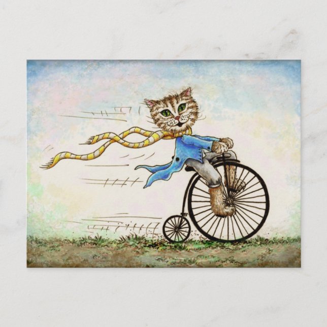 Mini Art Cat Bicycle OldFashioned Postcard Vykort (Framsida)