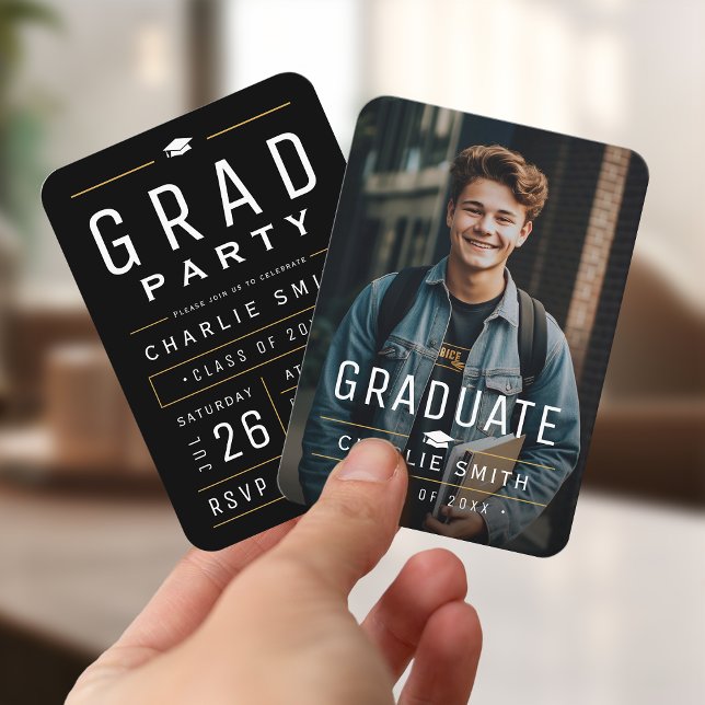 Mini Black Typography Photo Studenten Inbjudan (Mini Black Typography Photo Graduation Invite)