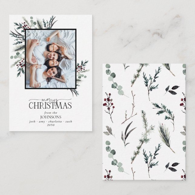 Mini Black Winter Botanical Photo God jul Anteckningskort (Fram/baksida)