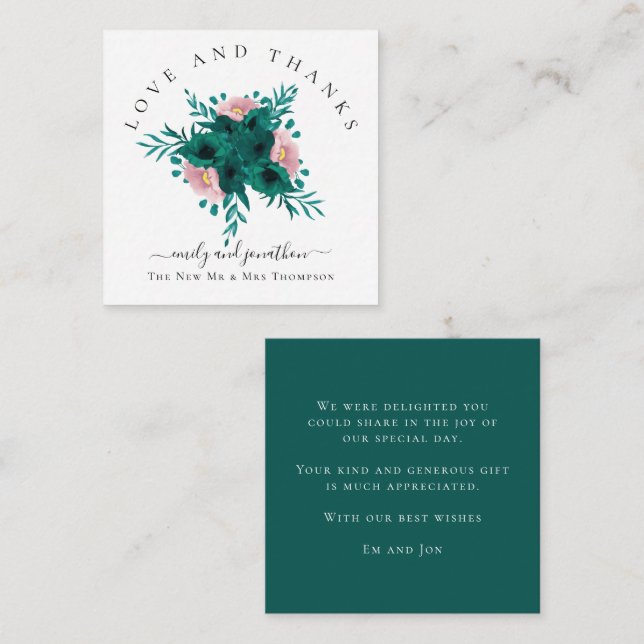 Mini Blommigts Emerald Rosa Bröllop Anteckningskort (Fram/baksida)