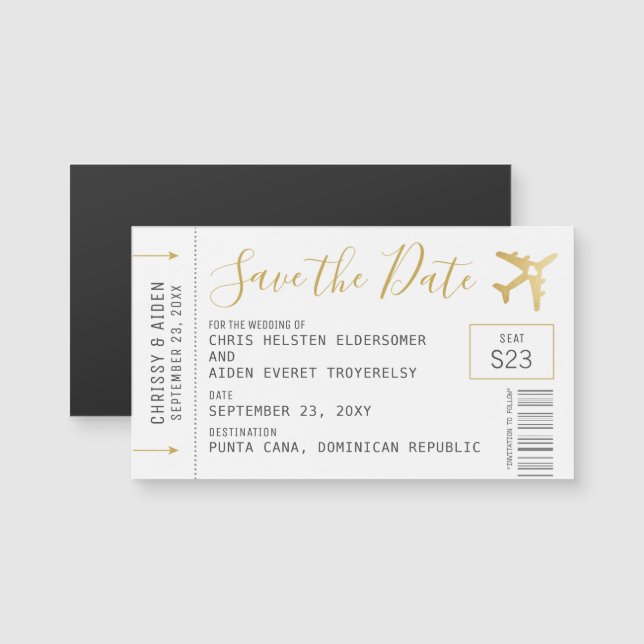 Mini Boarding Pass Destination Spara Date Magnet (Fram/baksida)