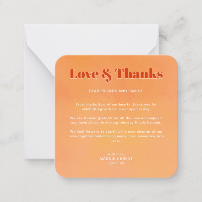 Mini Bold Orange Sunset Monogram Wedding Thank You Anteckningskort (Framsida)