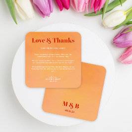 Mini Bold Orange Sunset Monogram Wedding Thank You Anteckningskort